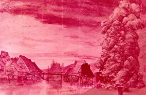 Watermill Prints: Watermill at the Montaca, in red, painting by German artist Albrecht Durer, 1508