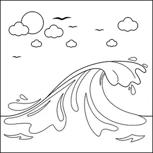 Splashes Prints: Wave in the ocean. Vector black and white coloring page
