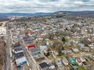 Penn York Valley Prints: Waverly, NY, USA - 03-03-2024 - Cloudy winter aerial image of the downtown area in the Village of Waverly
