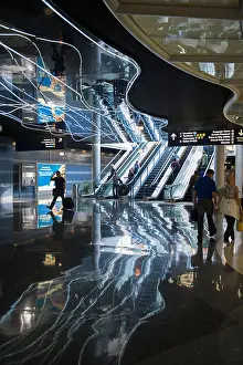 Floors Prints: Wavy Lights On A Ceiling Reflected On A Glossy Floor In An Airport; Montreal Quebec Canada
