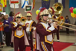 Marching Band Prints: Wearing dark glasses, members of the USC Trojan marching band play at the start of the National Braille Challenge