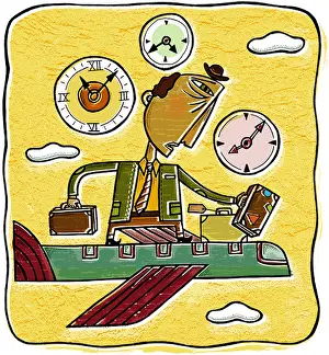 Exhausted Prints: A weary business traveler riding a plane through different time zones