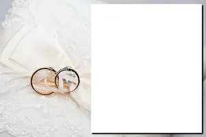 Wedding invitation card template of Top view blank empty paper card with marriage golden rings on on white bride dress