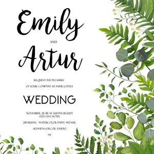 Text Space Prints: Wedding Invitation, floral invite card Design with green fern leaves elegant greenery