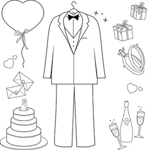 Presents Prints: Wedding suit set. Vector black and white coloring page