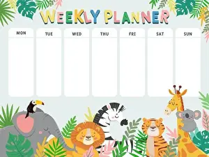 Timetable Prints: Weekly planner for kid. Child schedule for week with tropical jungle animals and plants