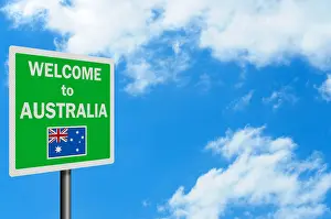 Aussie Prints: Welcome to Australia photo realistic sign, with space for your text / editorial overlay