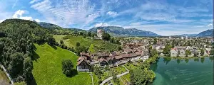Werdenberg, Switzerland - 14 July 2024: drone view at the village of Werdenberg on Switzerland
