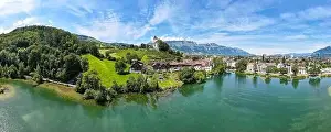 Werdenberg, Switzerland - 14 July 2024: drone view at the village of Werdenberg on Switzerland