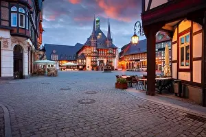 Wernigerode, Germany. Cityscape image of historical downtown of Wernigerode, Germany with Old Town Hall at summer sunrise