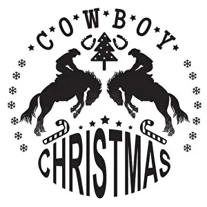 Red Green Prints: Western Cowboy Christmas bandana vector illustration with rodeo cowboys bucking horses silhouette festive Christmas