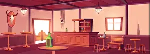 Stool Prints: Western saloon wood interior. West cowboy bar with bottle on table cartoon vector background