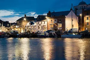 Summer Time Prints: weymouth old harbour dusk into night on the river wey boats and harbour side colourful houses and pubs