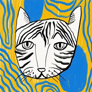 Imaginative Prints: A whimsical digital illustration of a sketched cat with prominent stripes against a brightly colored