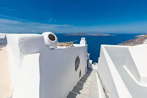 White architecture on Santorini island, Greece. Beautiful landscape, sea view. White wash staircases on Santorini Island, Greece. The view off Caldera
