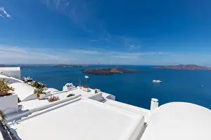 White architecture on Santorini island, Greece. Beautiful landscape, sea view. White wash staircases on Santorini Island, Greece. The view off Caldera