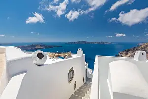 White architecture on Santorini island, Greece. Beautiful landscape, sea view. Luxury summer travel background, romantic vacation, amazing scenery