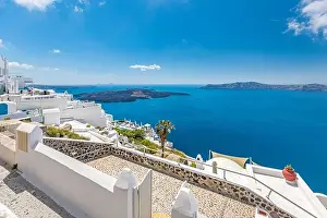 White architecture on Santorini island, Greece. Beautiful landscape, sea view. Luxury summer travel background, romantic vacation, amazing scenery