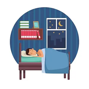 Wake Prints: white background with circular colorful scene man sleep with blanket in bedroom
