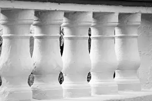 Stone Material Prints: White Balcony Balusters In Classic Railing Architectural Detail In Black And White