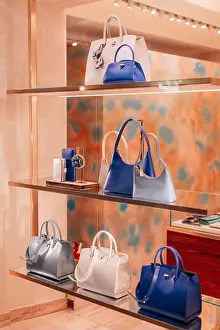 Clasp Prints: White blue leather women's handbags with gold clasp. Fashion details and accessories