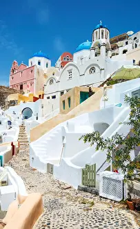 Cyclades Prints: white-blue Santorini - view of caldera with domes