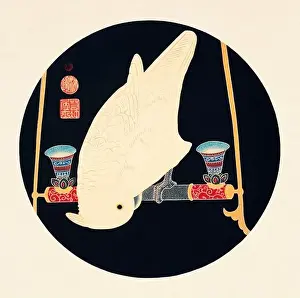 Swallow Prints: White Cockatoo. Colorful bird illustration on black background by Itō Jakuchū (1716-1800)