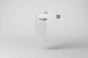 Knob Prints: White door hanger hanging on a door handle casting shadow on white background in greyscale monochrome
