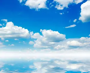 Cumulus Prints: white fluffy clouds with rainbow in the blue sky