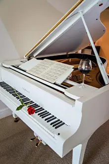 Special Occasion Prints: White grand piano with a red rose on the keyboard a glass of red wine