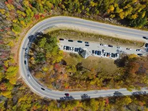 White Mountain National Forest fall foliage on Kancamagus Highway near Hancock Notch u-turn top view