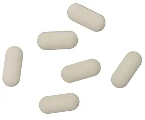 Medicament Prints: White oval tablet on isolated background, close up. Top view