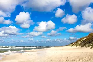 Lithuania Prints: White sand beach. View to Baltic Sea Costline. Curonian Spit, Nida, Neringa, Lithuania