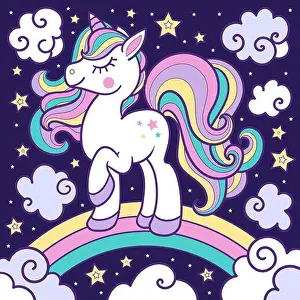 Pony Prints: White unicorn with a rainbow mane on a dark background. Baby image. Vector