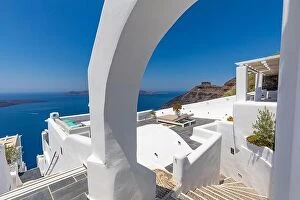 Images Dated 26th July 2021: White wash staircases and entrance on Santorini Island, Greece. The view toward Caldera sea view