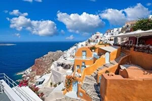 Images Dated 25th July 2021: White wash staircases and entrance on Santorini Island, Greece. The view toward Caldera sea view