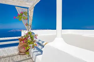 White wash staircases on Santorini Island, Greece. The view toward Caldera sea view idyllic travel landscape