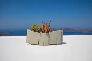 White wash staircases on Santorini Island, Greece. The view toward Caldera sea view idyllic travel landscape