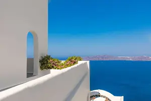 White wash staircases on Santorini Island, Greece. The view toward Caldera sea view idyllic travel landscape