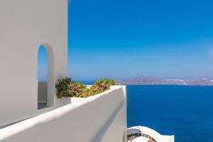 Images Dated 26th July 2021: White wash staircases on Santorini Island, Greece. The view toward Caldera sea view idyllic travel