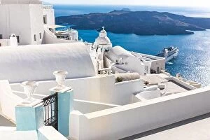 Images Dated 9th May 2019: White wash staircases on Santorini Island, Greece. The view toward Caldera sea with cruise ship