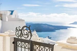 Images Dated 9th May 2019: White wash staircases on Santorini Island, Greece. The view toward Caldera sea with cruise ship