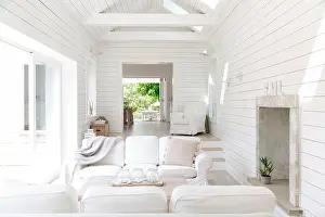 Home Interior Prints: White wood shiplap home showcase beach house living room