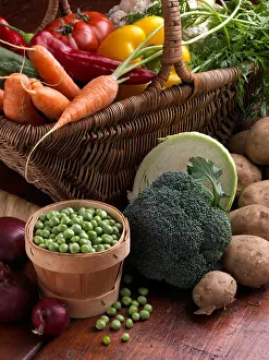 Potatoes Prints: Wicker basket raw vegetables tomatoes sweet red yellow peppers carrots peas cauliflower parsnips broccoli cooking