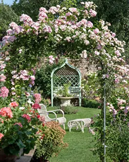 Stool Prints: Wicker garden furniture seen through a rose arch in an english walled garden
