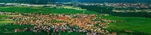 Wide aerial high resolution panoramic view of sunset over the green valley of vineyards, Alsace, France