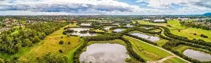 Suburbia Prints: Wide aerial landscape of Tirhatuan Wetlands and surrounding suburbs in Melbourne