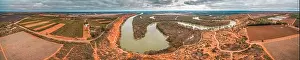 South Australia Prints: Wide aerial panorama of agricultural fields and winding iconic Murray River in Riverland region of South Australia