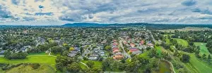 Suburbia Prints: Wide aerial panorama of beautiful suburb of Melbourne with greenery and trees - Rowville