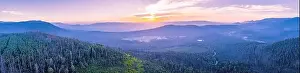 Forested Hill Prints: Wide aerial panorama of beautiful sunset over mountains in Yarra Ranges National Park